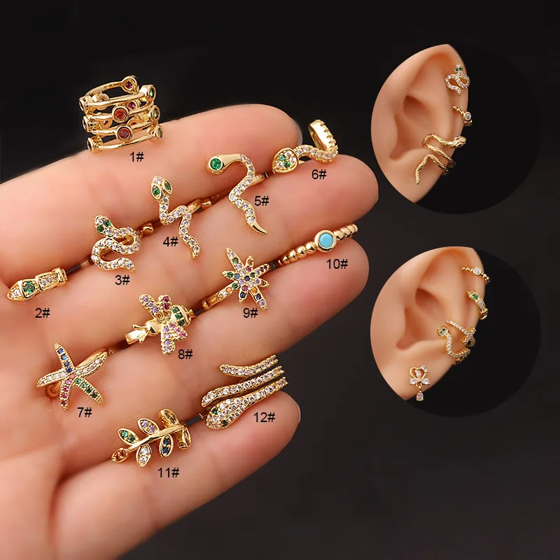 

1 Pair No Piercing Snake Ear Clip Piercing Daith Earrings Cubic Zirconia Ear Stud Tragus Cartilage Helix Conch Body Jewelry