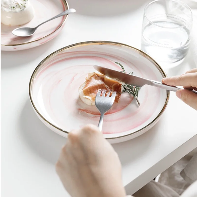 

Nordic Phnom Penh Pink Marble Ceramic Cutlery Home Kitchen Supplies Bone China Plate Bowl Spoon Single Product Dishes