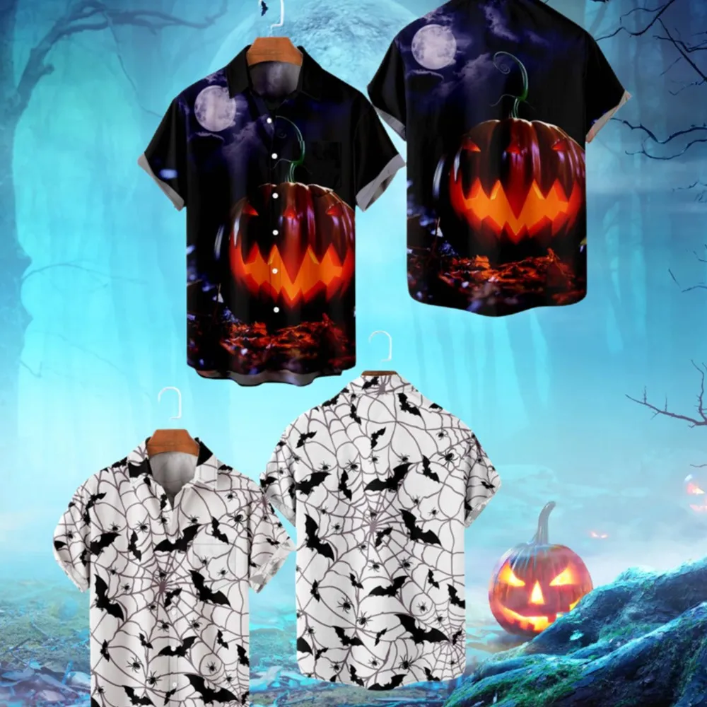 

Рубашки в стиле Хэллоуин Aloha рубашки с пуговицами Harajuku отложная уличная РУБАШКА УНИСЕКС с коротким рукавом