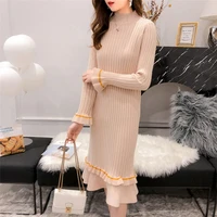 spring women sweater dress turtleneck flare sleeve long ruffle knitted dress female elastic warm vestidos elegant
