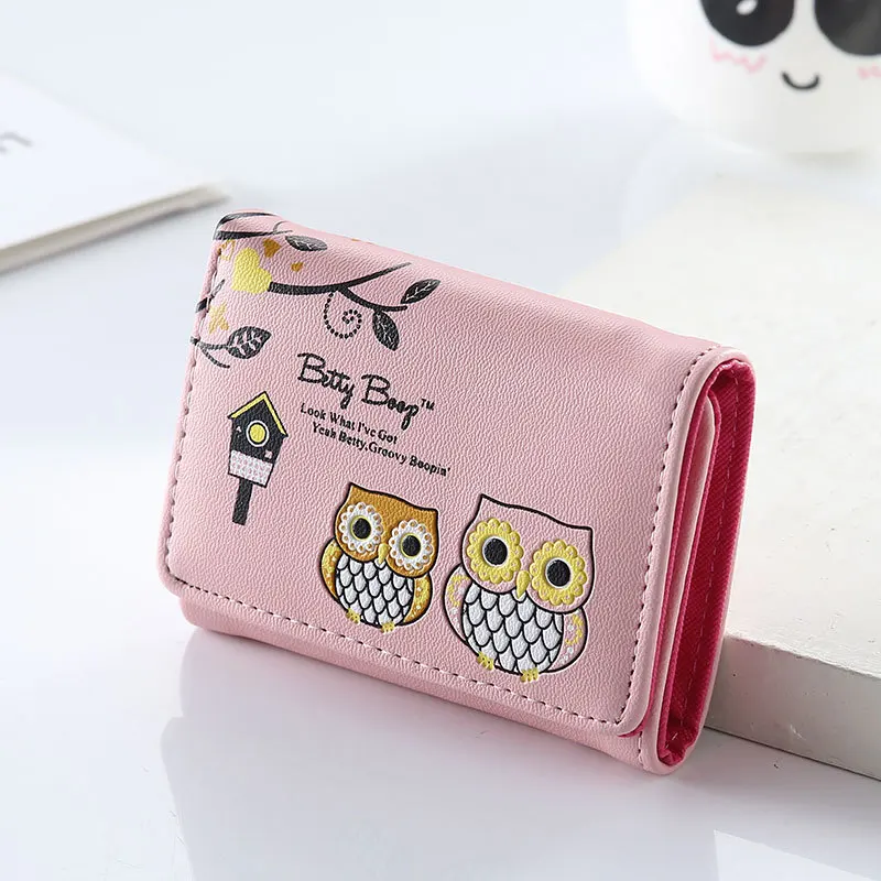 

Женский короткий кошелек с мультипликационной совой, милая Студенческая сумка-клатч в Корейском стиле, три складных клатча с нулевым кошельком, ручные сумочки из полиуретана для карт