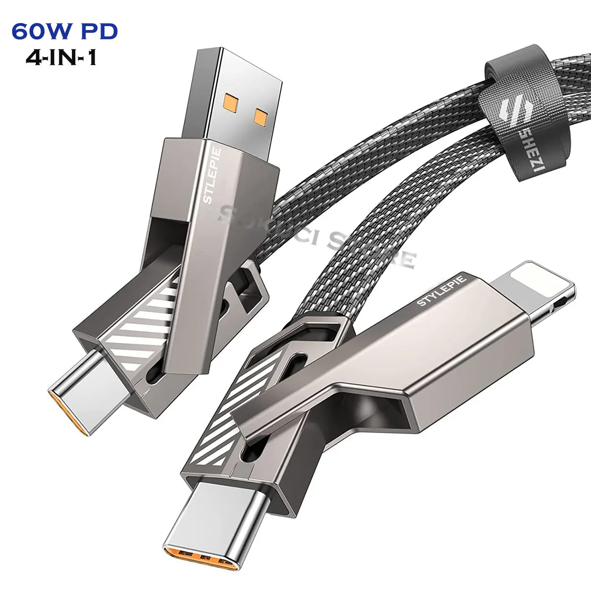 4-in-1 USB C Lightning Cable 60W PD[Fast Charging & Data Sync] Braided Anti-Tangle iPhone Charger,Multi Charging Cable Combo ios