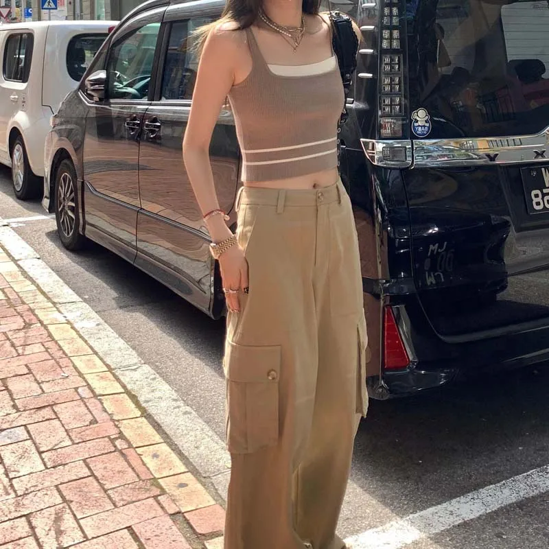 

Boring Honey Women Contrast Knitted Camisole Korean Version Of Square Collar Pullover Slim Sleeveless Crop Top Commuter Tops Fem