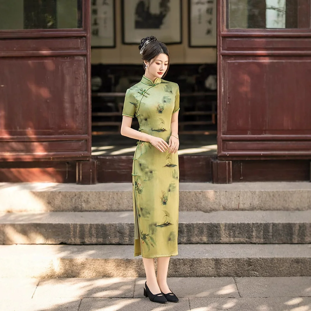 Фото Улучшенное платье Cheongsam в китайском стиле в стиле ретро, облегающее платье Cheongsam с принтом весна/лето 2022, длинное стильное платье Qipao №4
