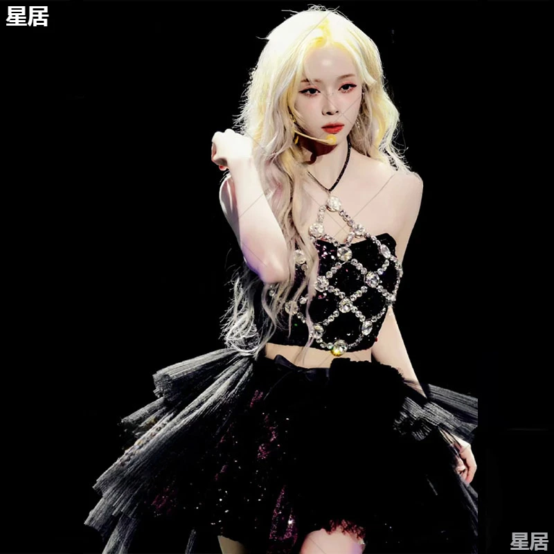 Новая женская группа Kpop сценические наряды сексуальные черные блестящие топы на