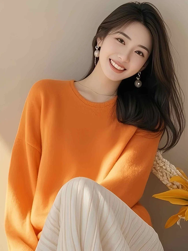Оранжевый свободный вязаный мягкий клейкий свитер для женщин 2024 осень и зима
