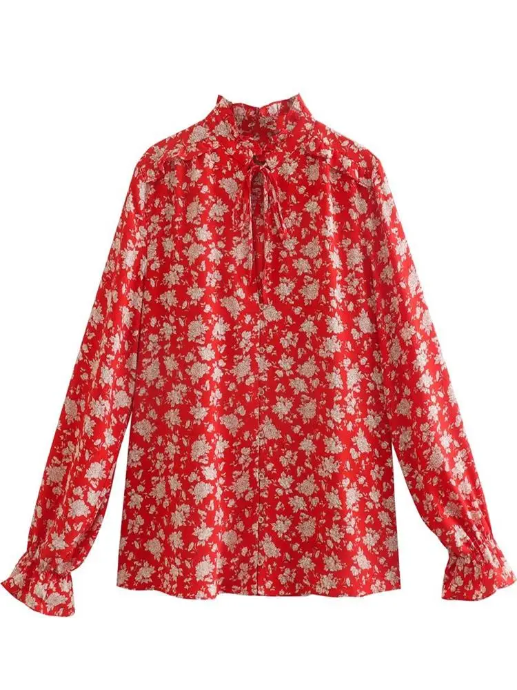 

TRAF Women 2022 Fashion Floral Print With Ruffled Shirts Retro Long Sleeve Button-up Female Blouses Blusas Streetwear