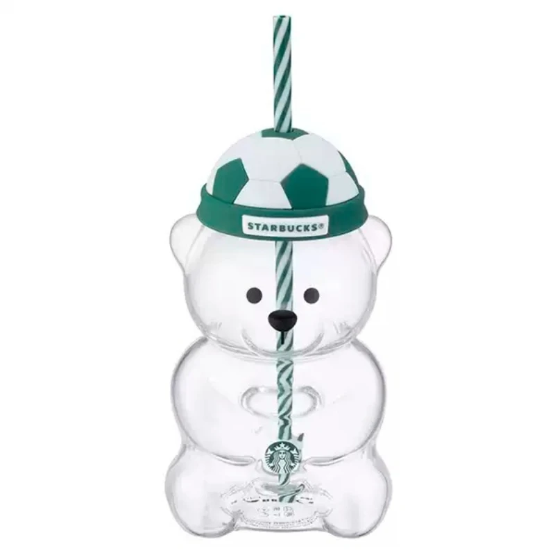 Фото Стакан Starbucks Bear Glass Straw Cup 591 мл с крышкой в виде футбольного шлема, полосатой соломинкой, прозрачный, из высококачественного боросиликатного стекла, портативный, для напитков №4