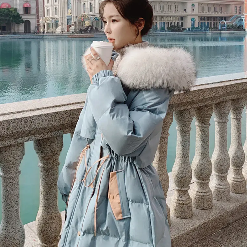 

2022 New Winter Women's Solid Color Long Coat Cotton Padded Jacket Korean Casual Loose Office Lady Hooded Fur Collar Jacket T61
