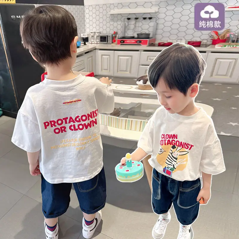 

Summer boys cotton thin cute cartoon rabbit short sleeve T-shirt children's summer crew-neck print loose top
