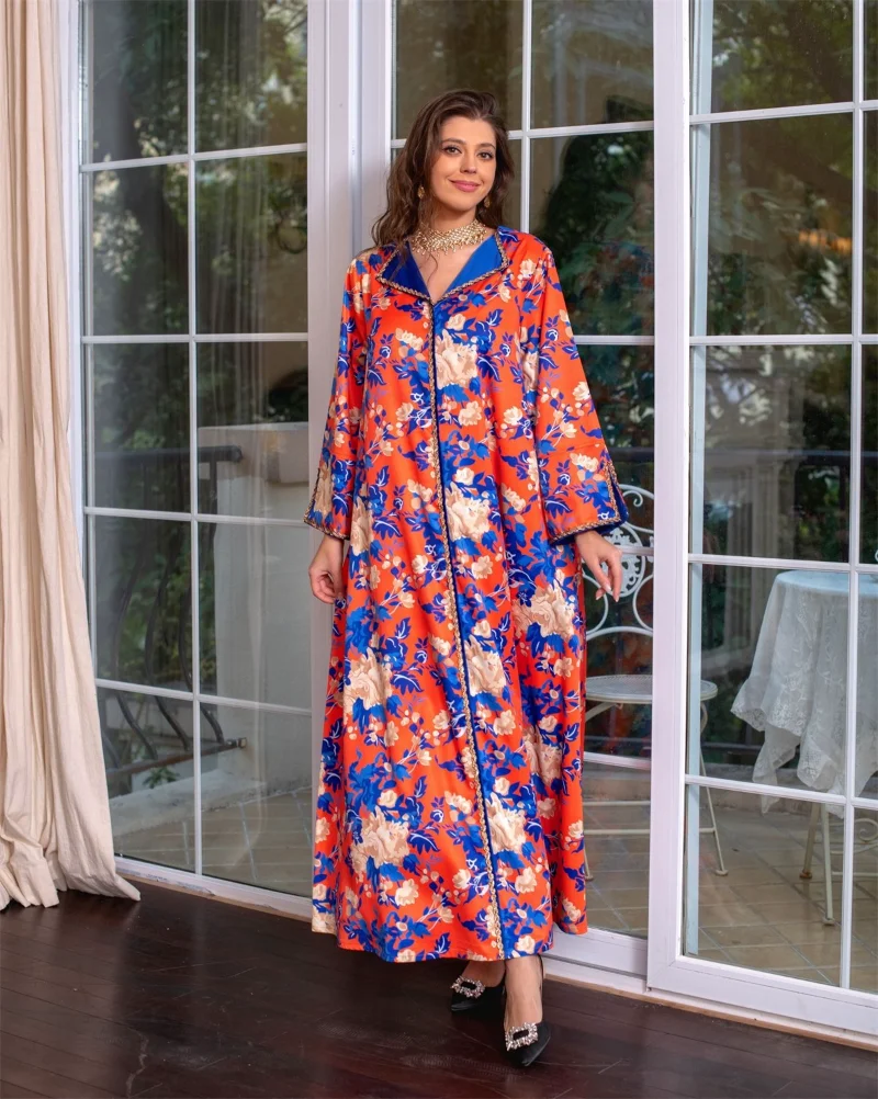 Dubai Abaya Luxury For Muslim Women Diamonds V-Neck Long Dresses Elegant Casual Floral Print 2023 Spring Maxi Dress Wear Ramadan