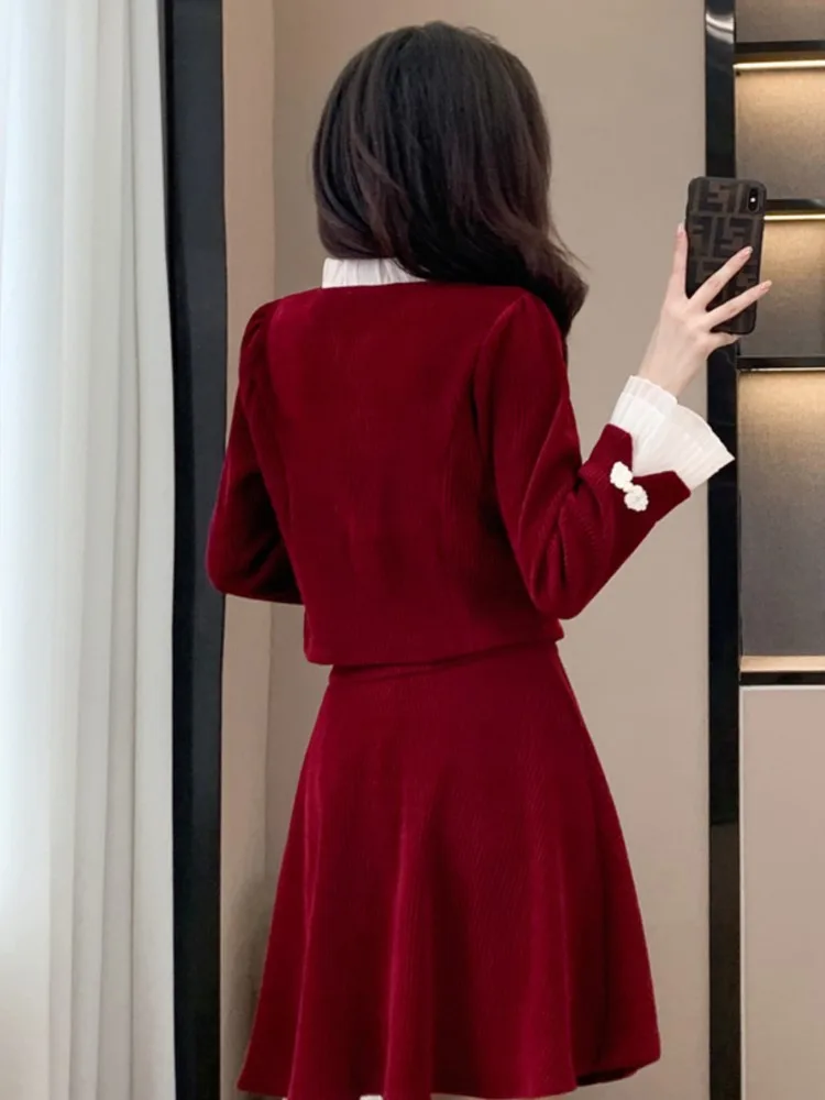 Y2K Sweet Corduroy Skirt Suit Модный новый лоскутный расклешенный топ с длинными рукавами +