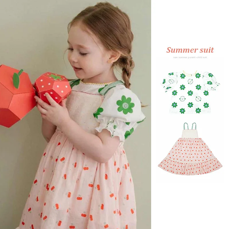

Girls Short Sleeve Shirt 2022 Summer Green Print Girls Short Sleeve Shirt Pink Cotton Sling Skirt New Skirt Children's Clothing