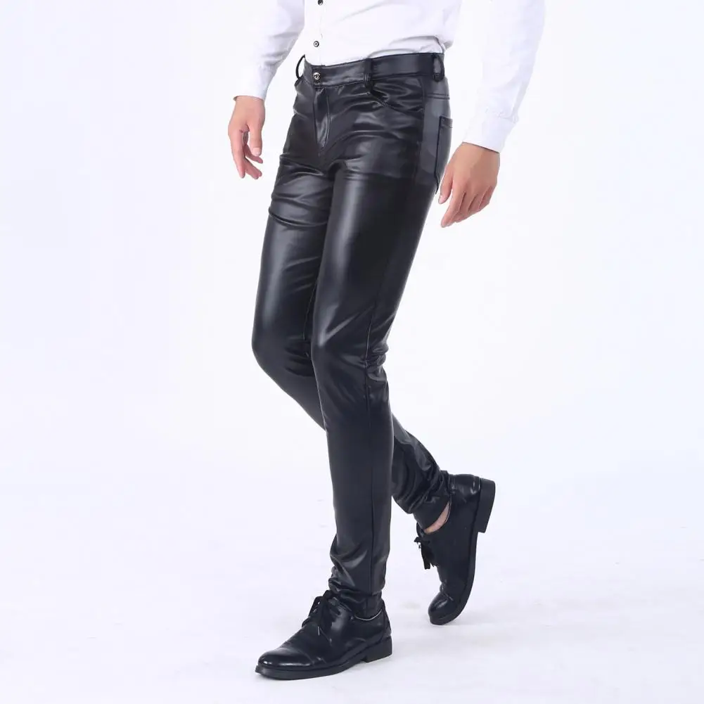 

Faux Leather Trousers Stylish Men's Faux Leather Slim Fit Pants with Pockets Breathable Comfortable Mid Waist for Streetwear