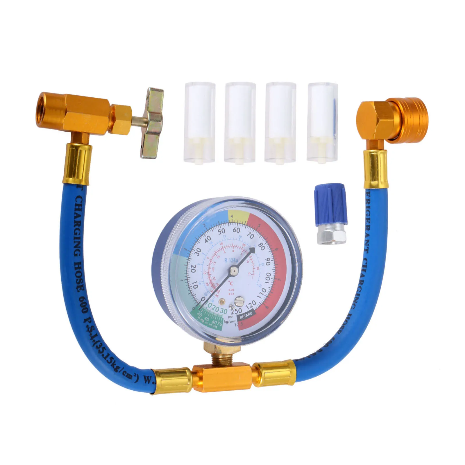

R134a Charging Hose w/Pressure Gauge Can Tap R134a can to R-12/R-22 port, R-12 to R-134a Retrofit Valve, w/Oil detection cotton