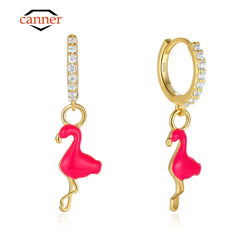 

canner 925 Sterling Silver 18k Gold Plating Flamingo Pendant Dangle Drop Earrings For Women Huggie Earring Jewelry Pendientes