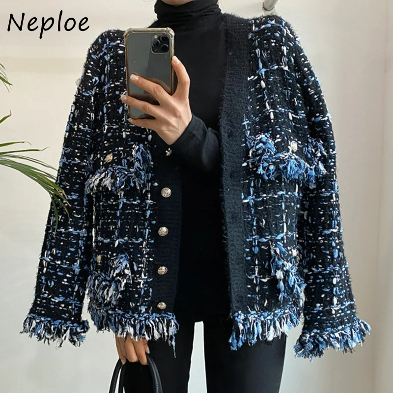 

Neploe Stylish V-neck Mixed Color Knitted Cardigan Woman Loose Long-sleeved Sweater Coat Women Tassel Fringe Fuzzy Cardigans