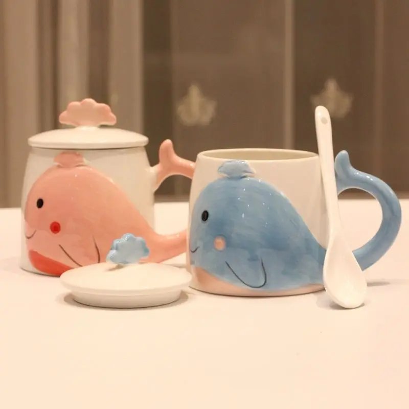 

Creative personality mug with lid and spoon cute trend ceramic cup fresh and simple couple cartoon pot belly cup