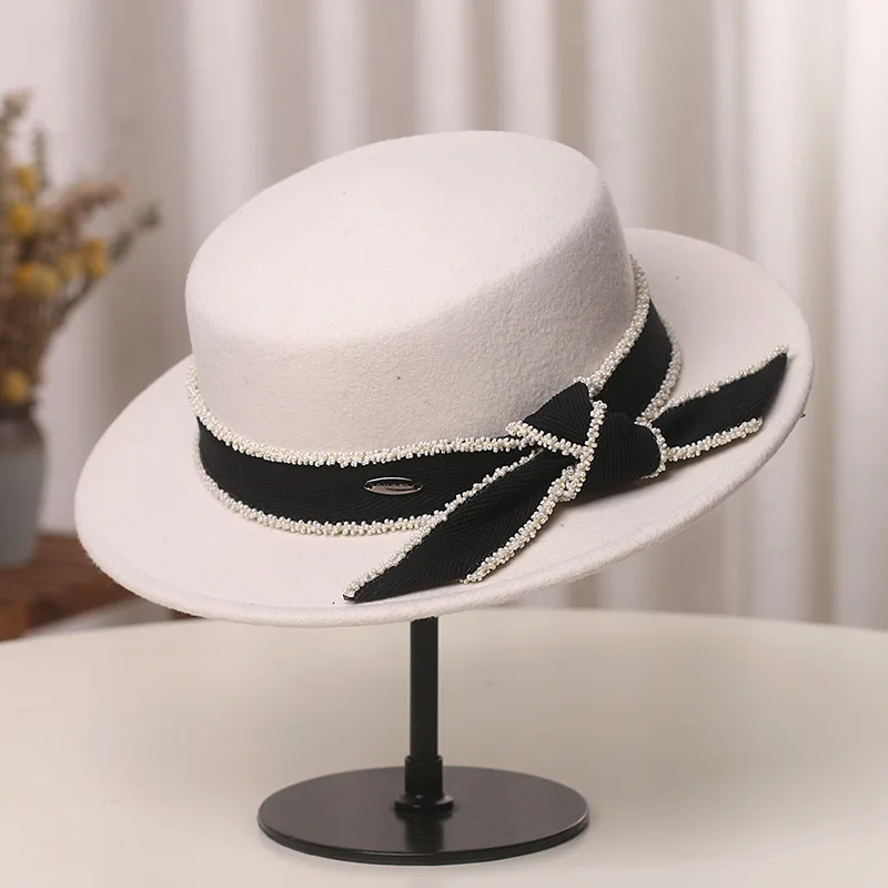

100% Wool Fedora Hat Women 2022 Winter Elegant Bowknot Felt Fedoras Panama Hat Fascinator Wedding Party Bowler Cap
