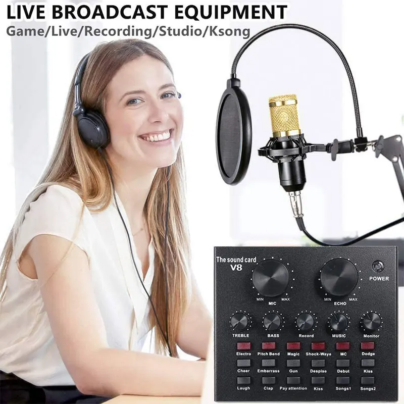 

BM800 Dynamic Microphone Karaoke Kit BM 800 Music Recording Studio Equipment BM8000 Professional Condenser Mic With V8 Soundcard