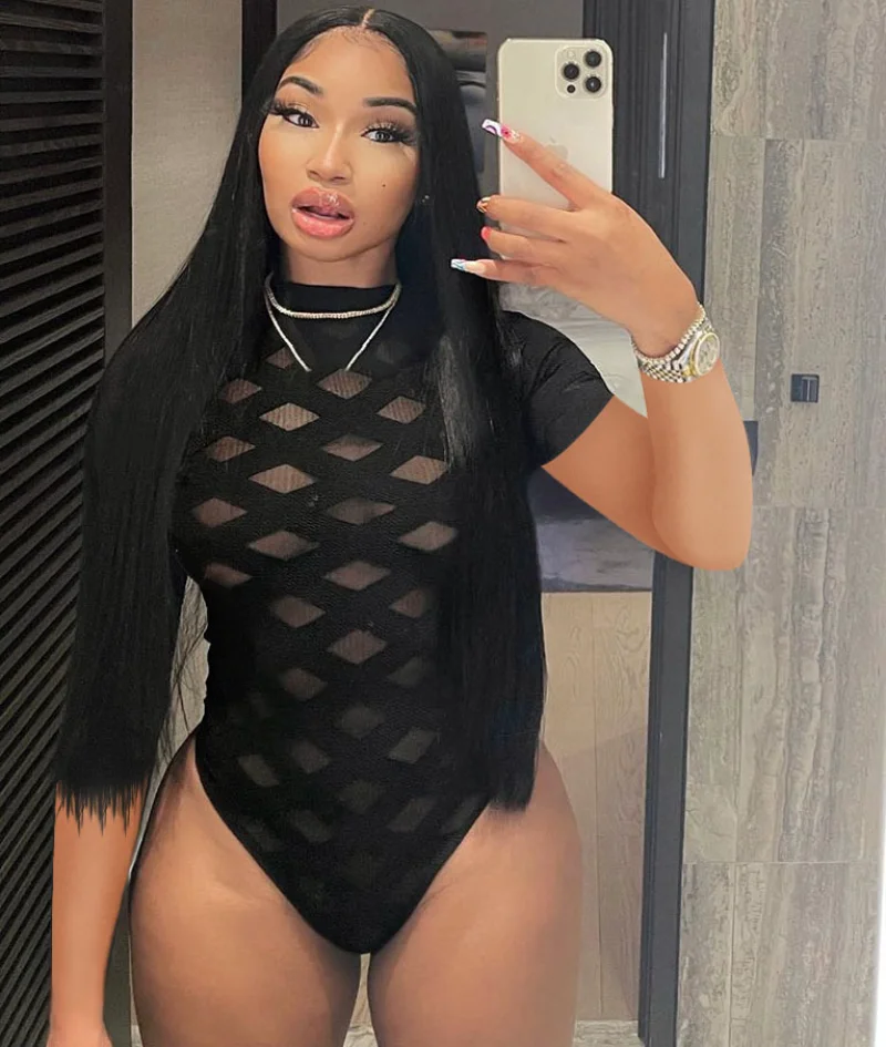 

WUHE модный флокирующий сексуальный прозрачный сетчатый лоскутный женский боди с коротким рукавом для лета 2023 женские праздничные пляжные слитные Топы