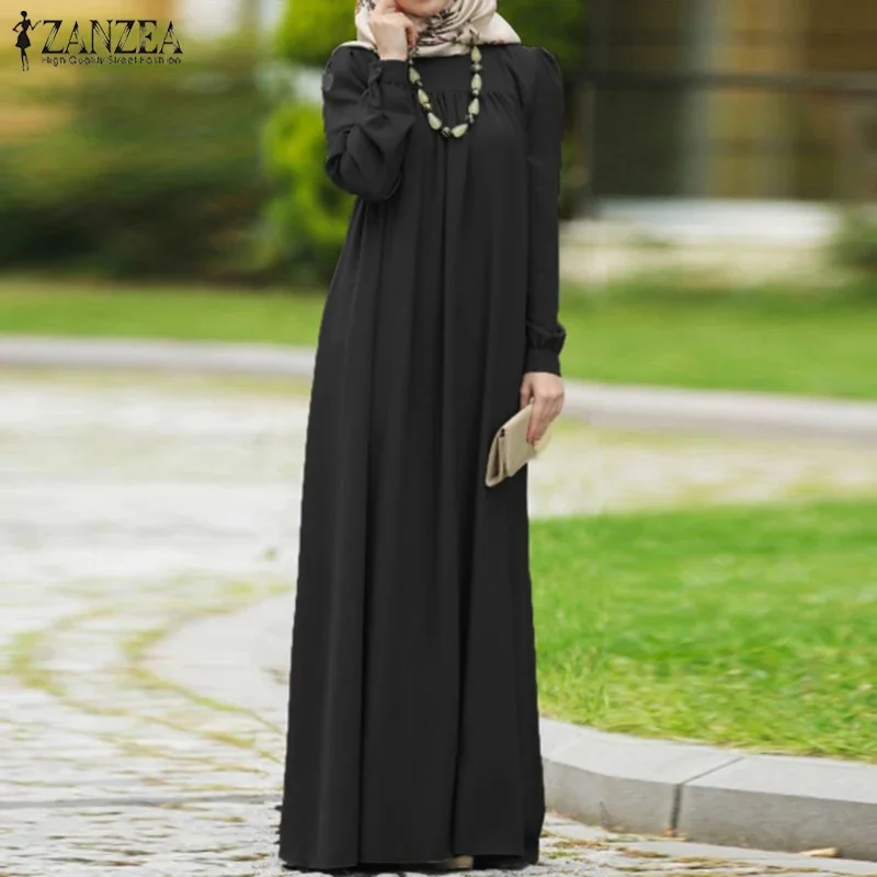 

Женское осеннее платье, повседневное однотонное длинное платье с длинным рукавом, кафтан, абайя, Дубай, повязка на голову, мусульманское платье, свободное платье