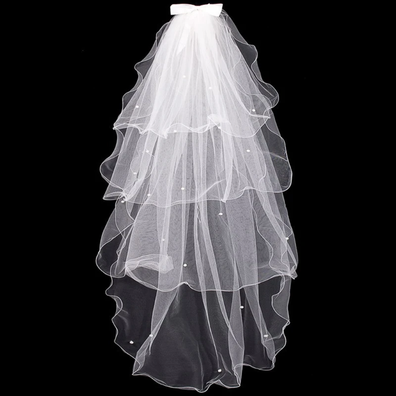 

Tulle Wedding Dress Veils White Bowknot Bridal Multi Layer Hair Veil Comb Faux Pearls Bride Fairy Marriage Accessories