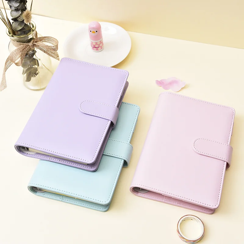 

Macaron Color A5 A6 6 Ring Binder PU Clip-on Notebook Leather Loose Leaf Cover s Journal Kawaii Stationery