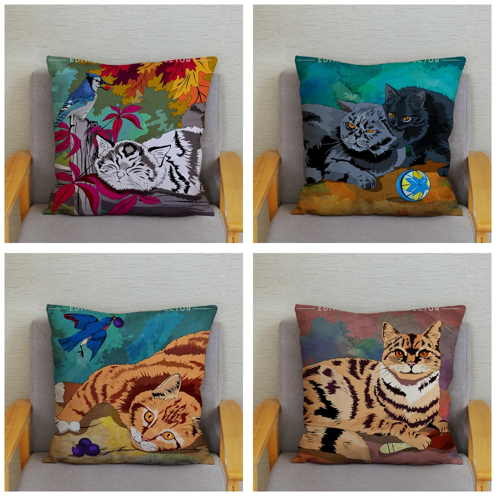 Красочная декоративная наволочка с милым мультяшным котом 45*45 см