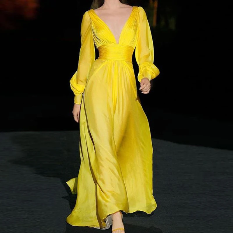 

Платье-трапеция с глубоким V-образным вырезом и рукавами-фонариками, модель 2022 года, модное повседневное однотонное шелковое платье с высок...