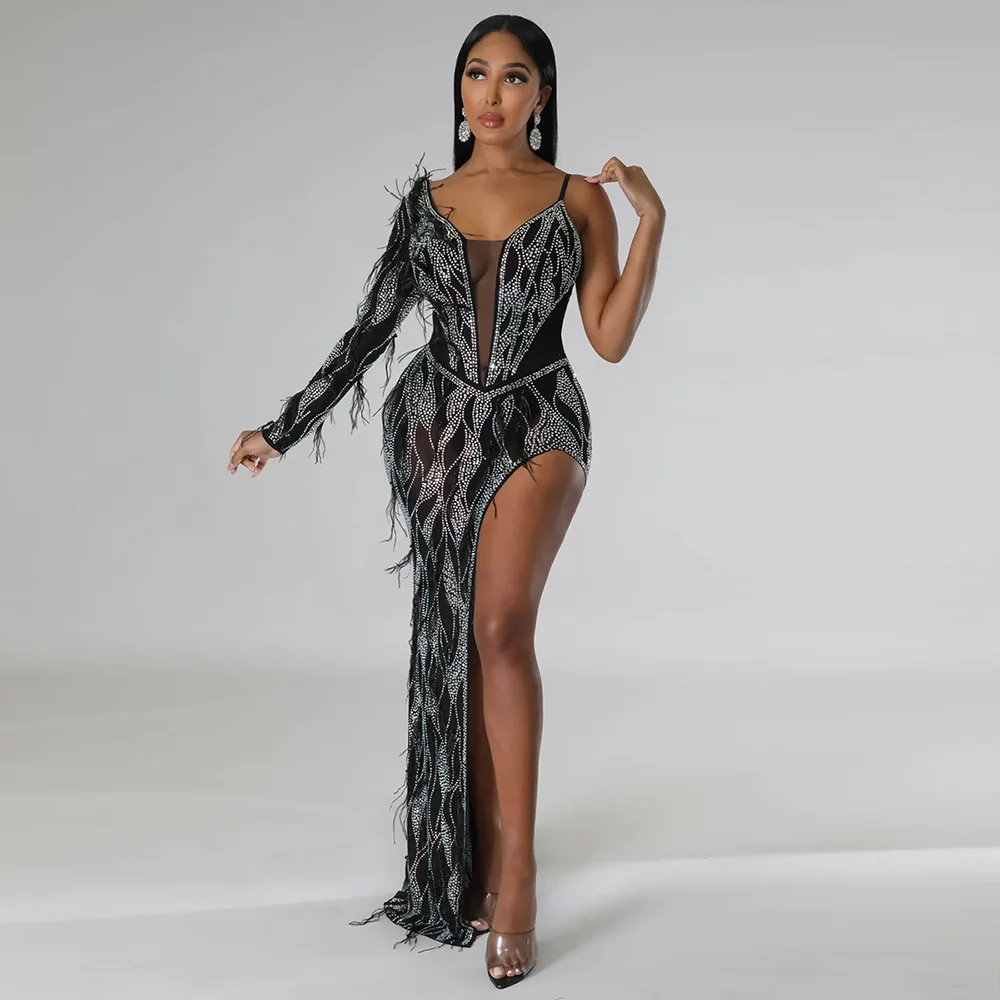 

Dresses Evening Prom V-Neck Long Sleeve Feather And Floor Skirt Trailing Wedding Dresses 2023 Sequin vestidos de verano mujer