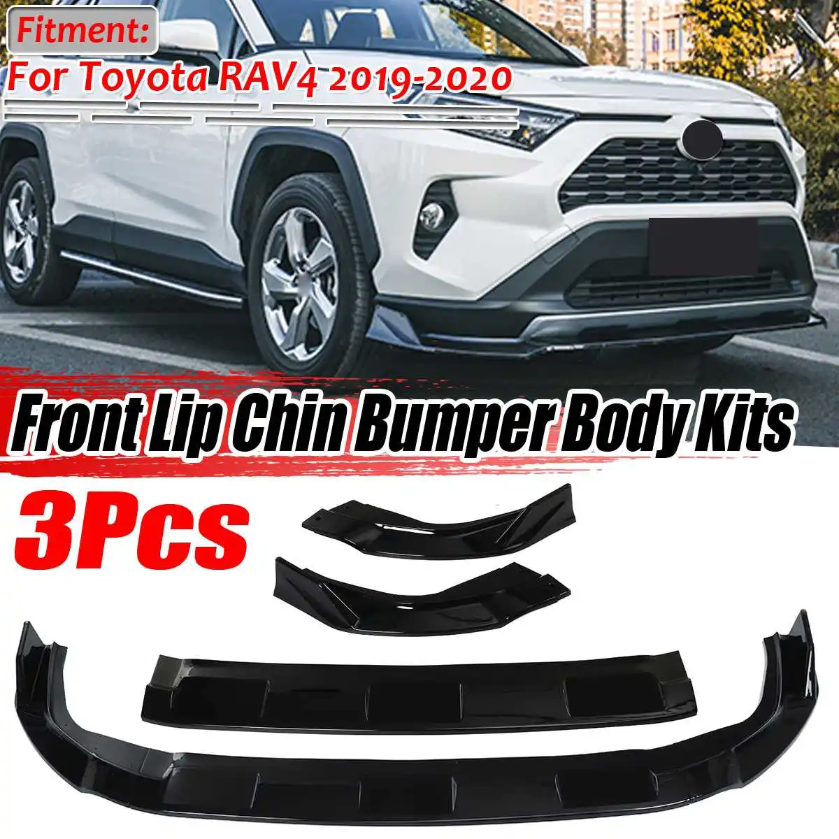 

3Piece Glossy Black Car Front Bumper Splitter Lip Spoiler Diffuser Protector Guard Protection Body Kit For Toyota RAV4 2019 2020