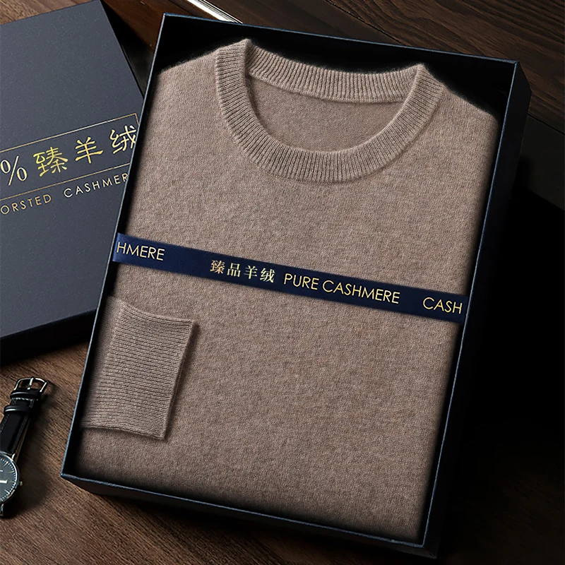 Men's 100% Cashmere Sweater Round Collar Pullover Basic Long Sleeve Knitwear Autumn Winter Smart Casual Clothing Tops