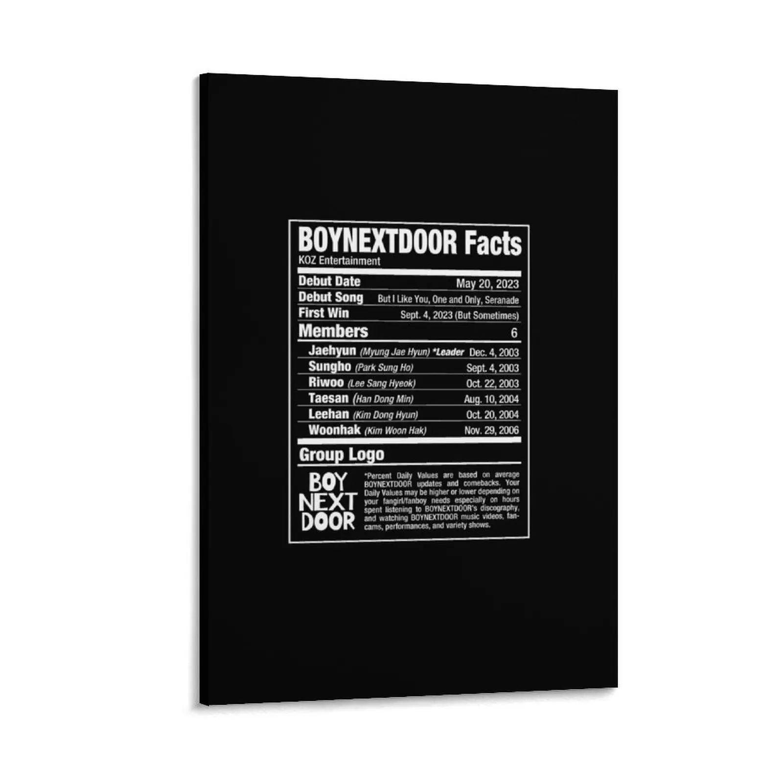 BND BOYNEXTDOOR Kpop Питательные факты Холст Картина настенное искусство Декоративные