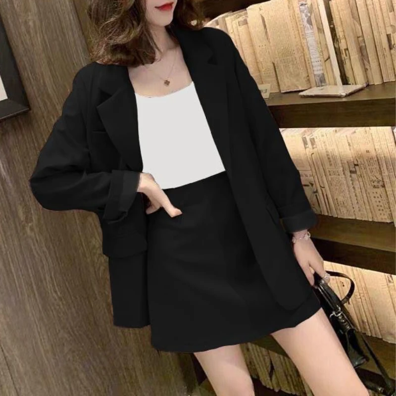 High Waist Slim Elegant Suit Skirt Korean Style Fashion Retro Loose Jacket 2-Piece Set Solid Female Business Casual Skirt Set