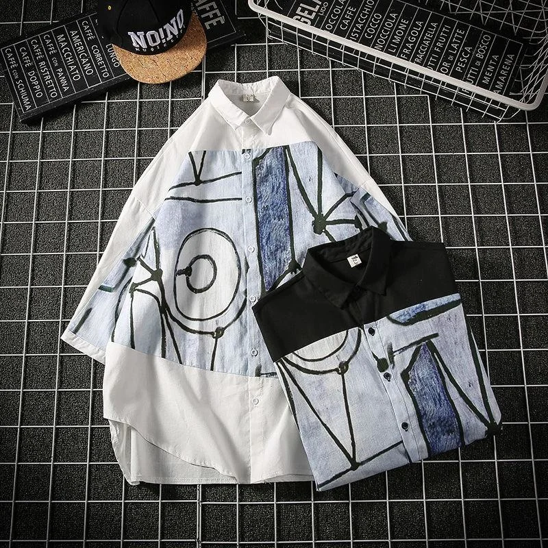 

Oversize Black/white Shirt For Men Printed Graffiti Stitching Chinese Style Sunscreen Tops Half Sleeve Loose Shirts Male Clothes