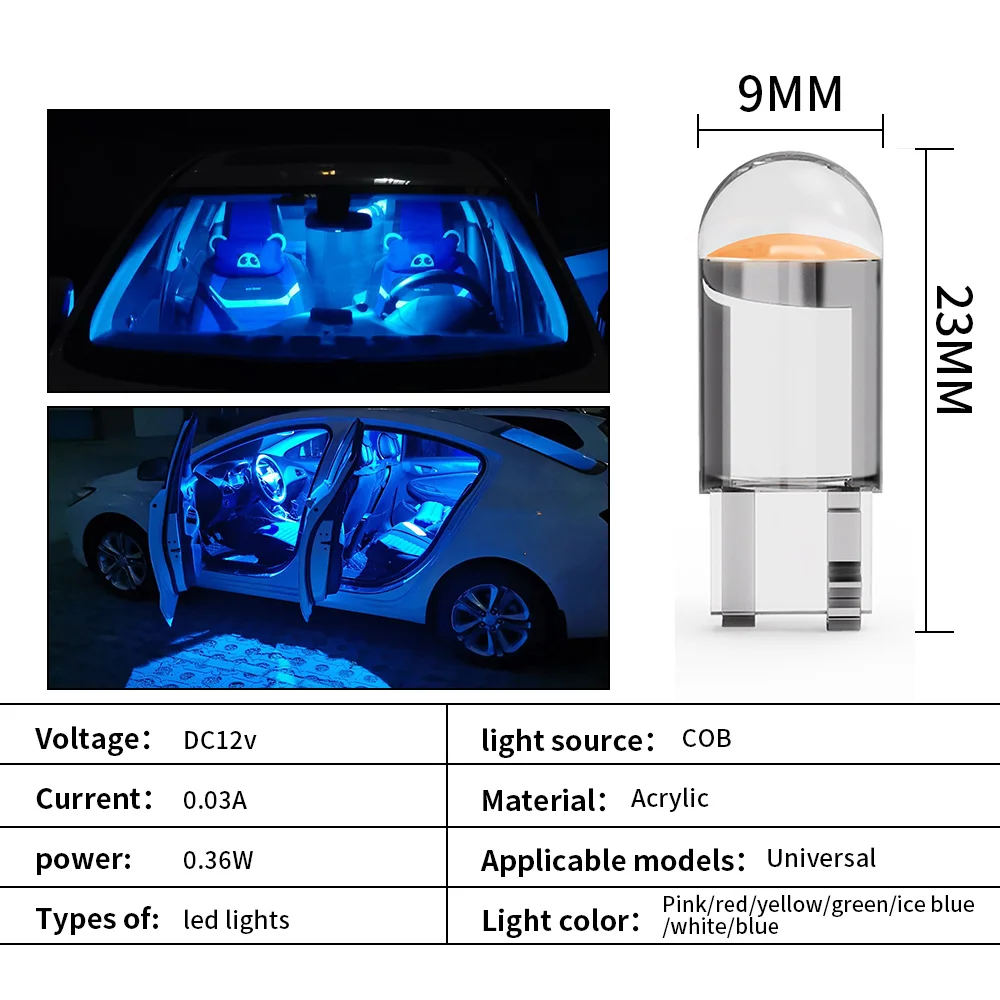 2x Car LED Light T10 COB W5W 168 192 Glass Auto Interior License Plate Lights Dome Reading Bulbs Instrument Lamp 12V White 6000k - купить по