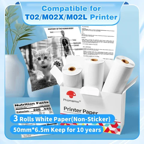 3 рулона Phomemo, белая наклейка, бумага, термоэтикетка для портативного мини-принтера T02 M02L, прозрачные прозрачные липкие бумаги 50 мм/53 мм