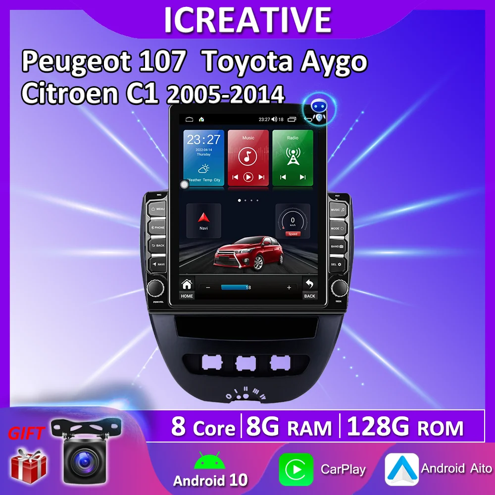

4G LTE Android10 Carplay For Peugeot 107 Toyota Aygo Citroen C1 2005-2014 9.7" Tesla Screen Vertical Style GPS Multimedia Player