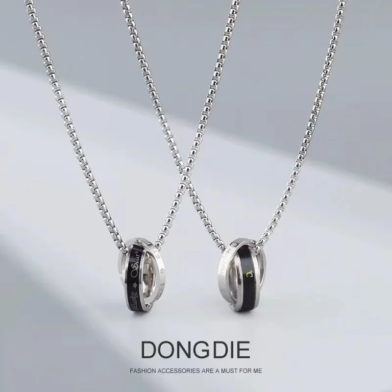 Titanium Steel Colorless Double Ring Necklace for Men and Women Street Hip Hop Ring Pendant Versatile Accessories