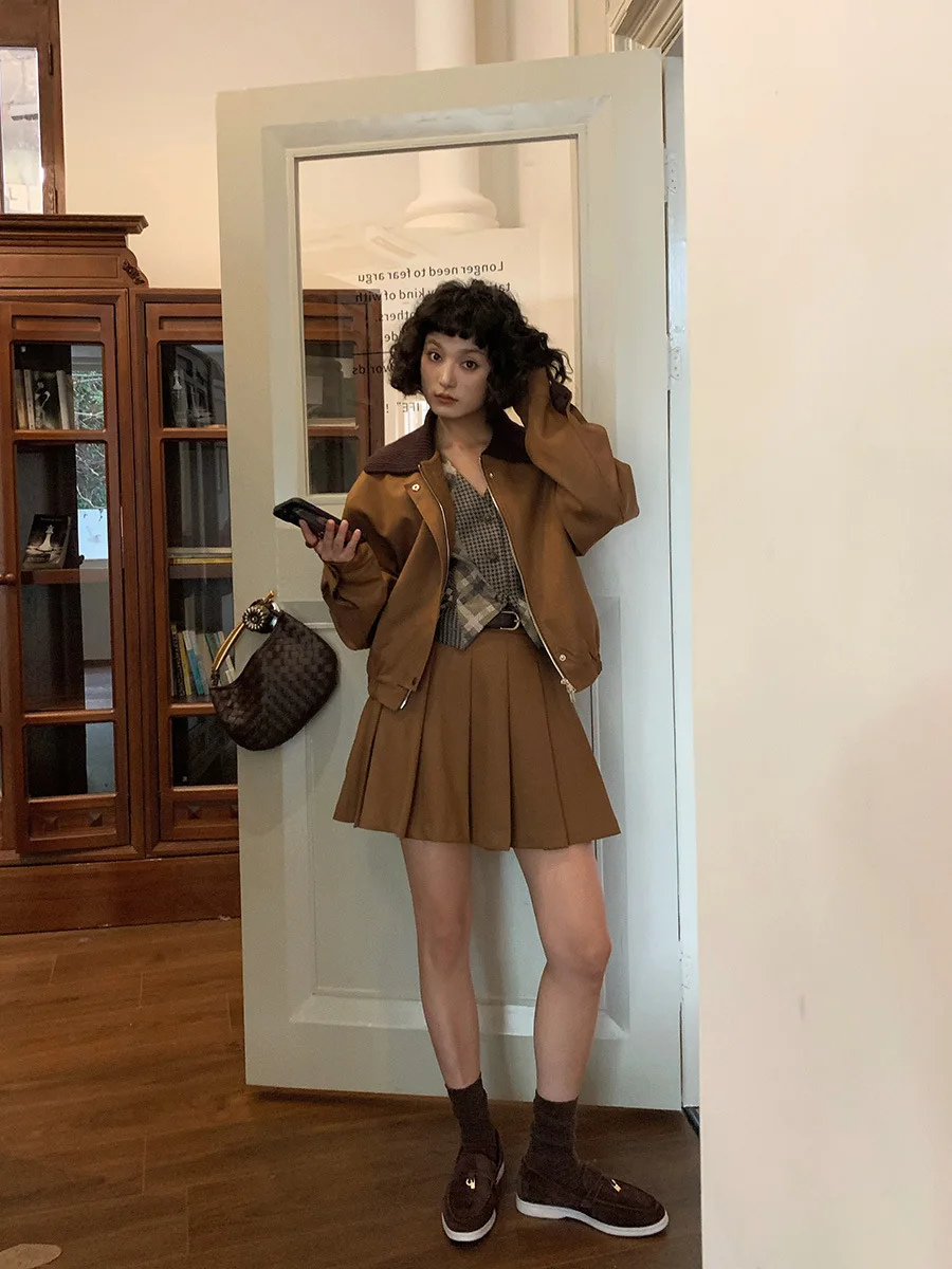 Neihe Wool Collar Stripe Waist Hugging Zip-up Jacket Baseball Uniform Long sleeve Top Outerwear Women Autumn