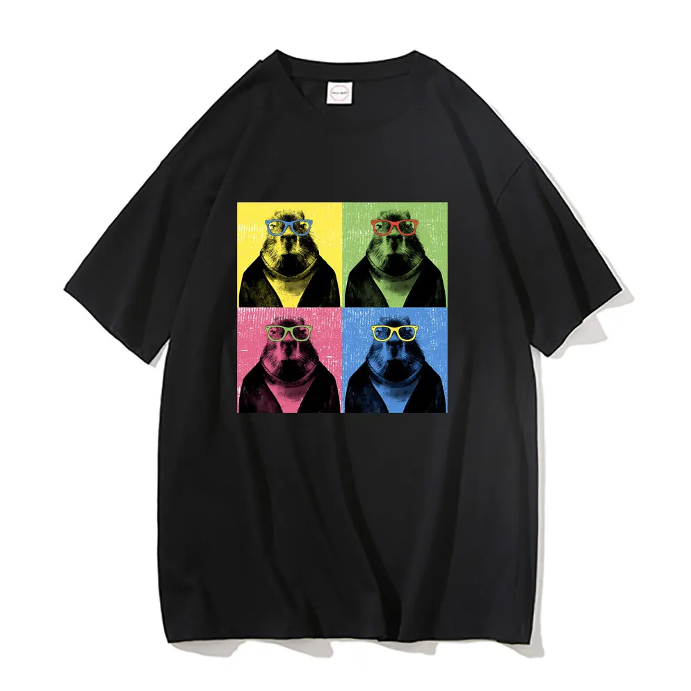 

Capybara Pop Print Tshirt Short Sleeve Men Women Vintage Oversized Cotton Tees Funny Capybaras In Sun Glasses Graphic T Shirt