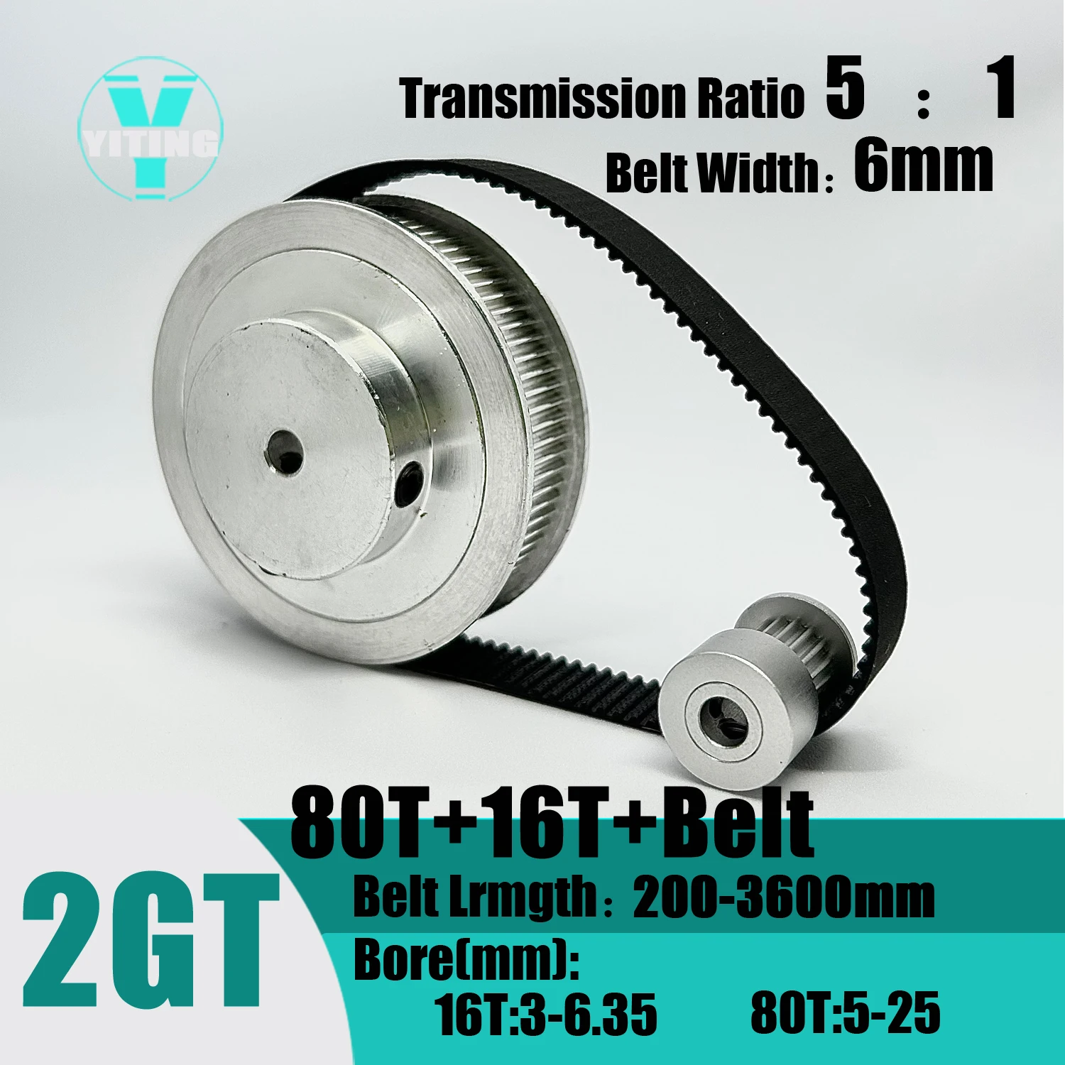

2GT 2M 80Teeth 16T GT2 16Teeth 80T Timing Belt Pulley Set Belt Width 6mm Bore 3~25mm 5:1 Wheel Synchronous Pulley Belt Kit