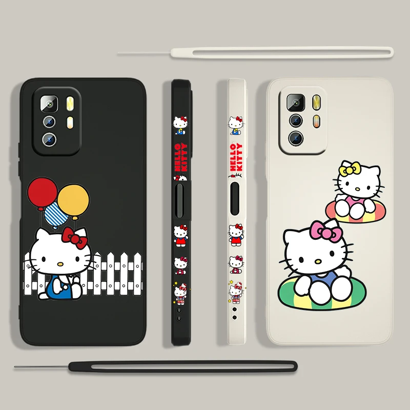 

Anime HelloKitty Girls For Xiaomi Redmi Note 11 11S 10 10S 9 9S 9T 8 8T 7 5 Pro 5G Liquid Left Rope Silicone Phone Case Fundas