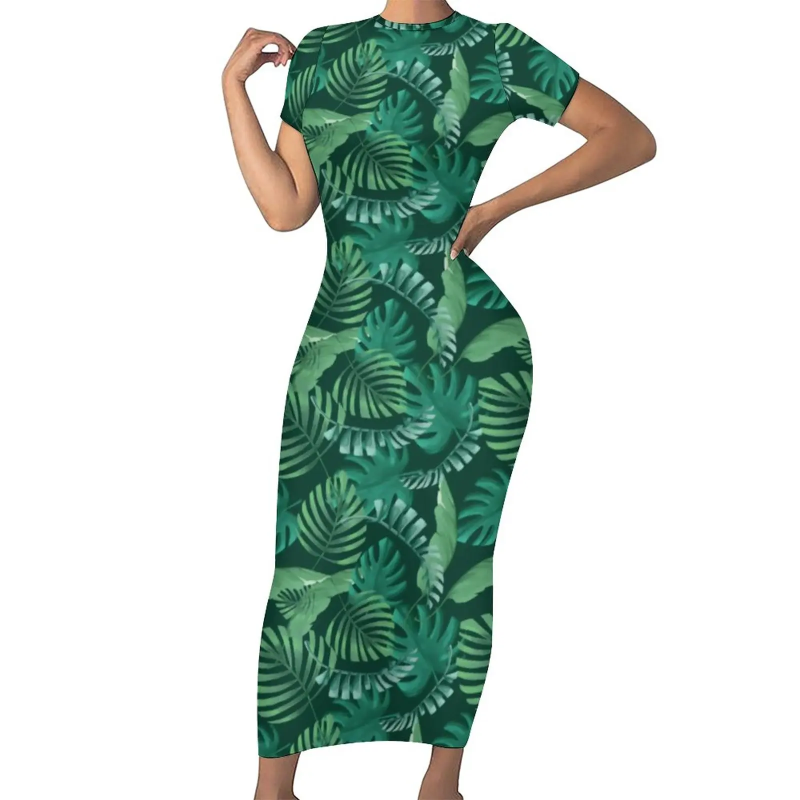 

Женское облегающее платье с принтом в виде тропических листьев, милое Макси-платье с коротким рукавом и графическим принтом, уличная одежда в стиле оверсайз, на лето
