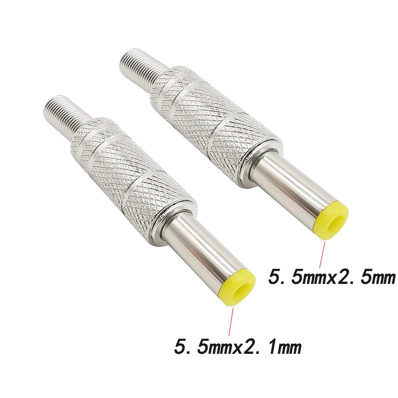

2Pcs Silver 5.5 x 2.1mm 5.5 x 2.5mm Metal DC Power Male Plug Connector With Yellow Head 5.5*2.1 mm 5.5*2.5 mm DC Jack Adapter