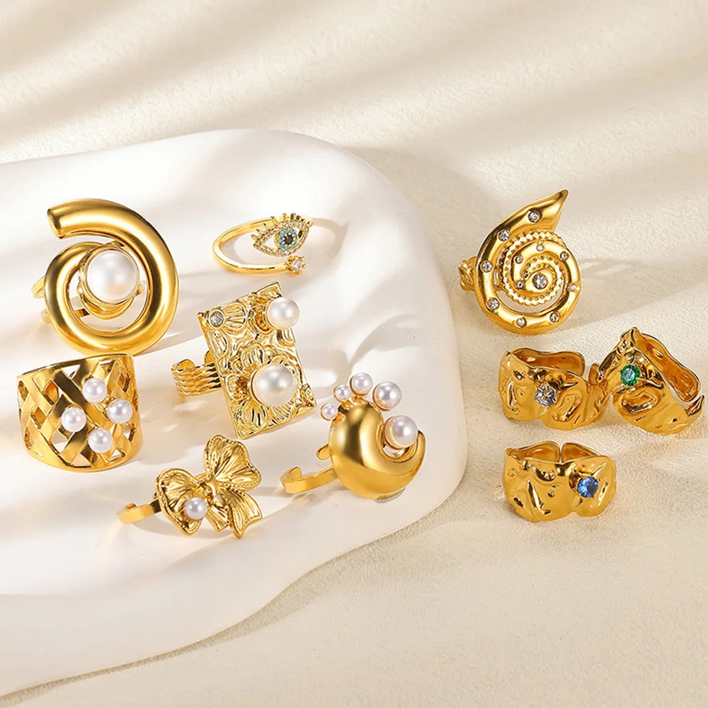 Фото Кольцо с бантиками, кольца Anillos с искусственным жемчугом для женщин, открывающиеся ювелирные изделия из нержавеющей стали, новинка 2025, изысканные подарки на помолвку №1