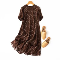 coffee women dress natural silk summer 2022 vestido de mujer vintage o neck mid calf pullover dot short sleeve