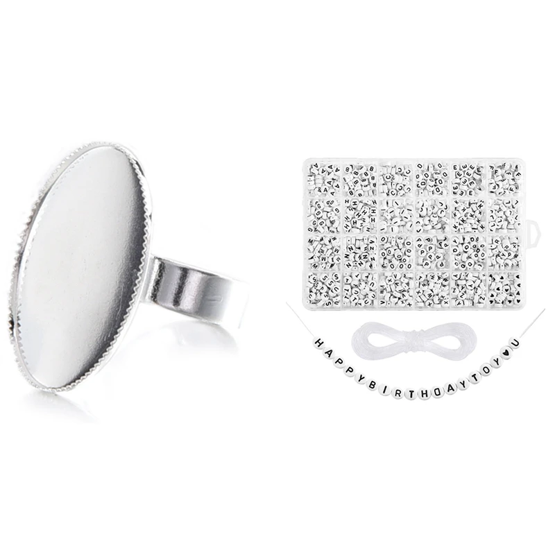 

10 Adjustable Oval Cabochon Rings Support 18.3Mm & 1200Pcs A-Z Acrylic Letter Beads 26 English Letters DIY