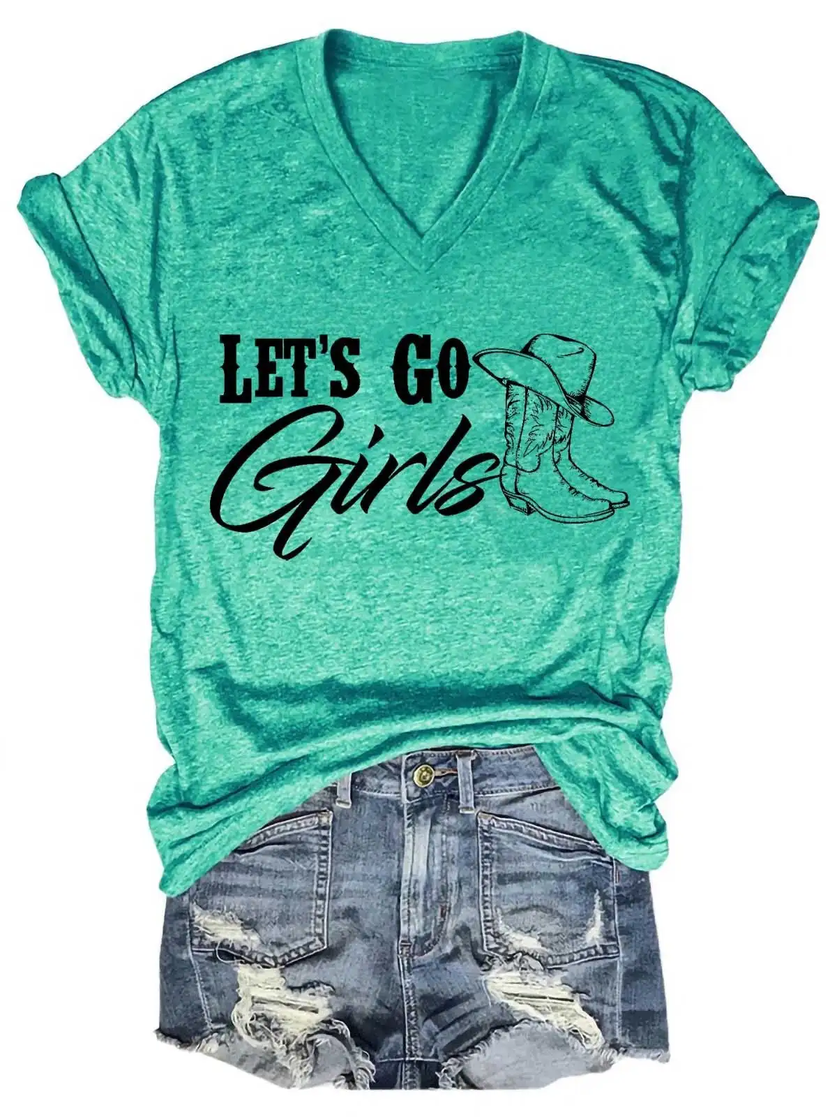 Lovessales Womens Let's Go Girls Cowboy V Neck Short Sleeve 100% Cotton T-shirt